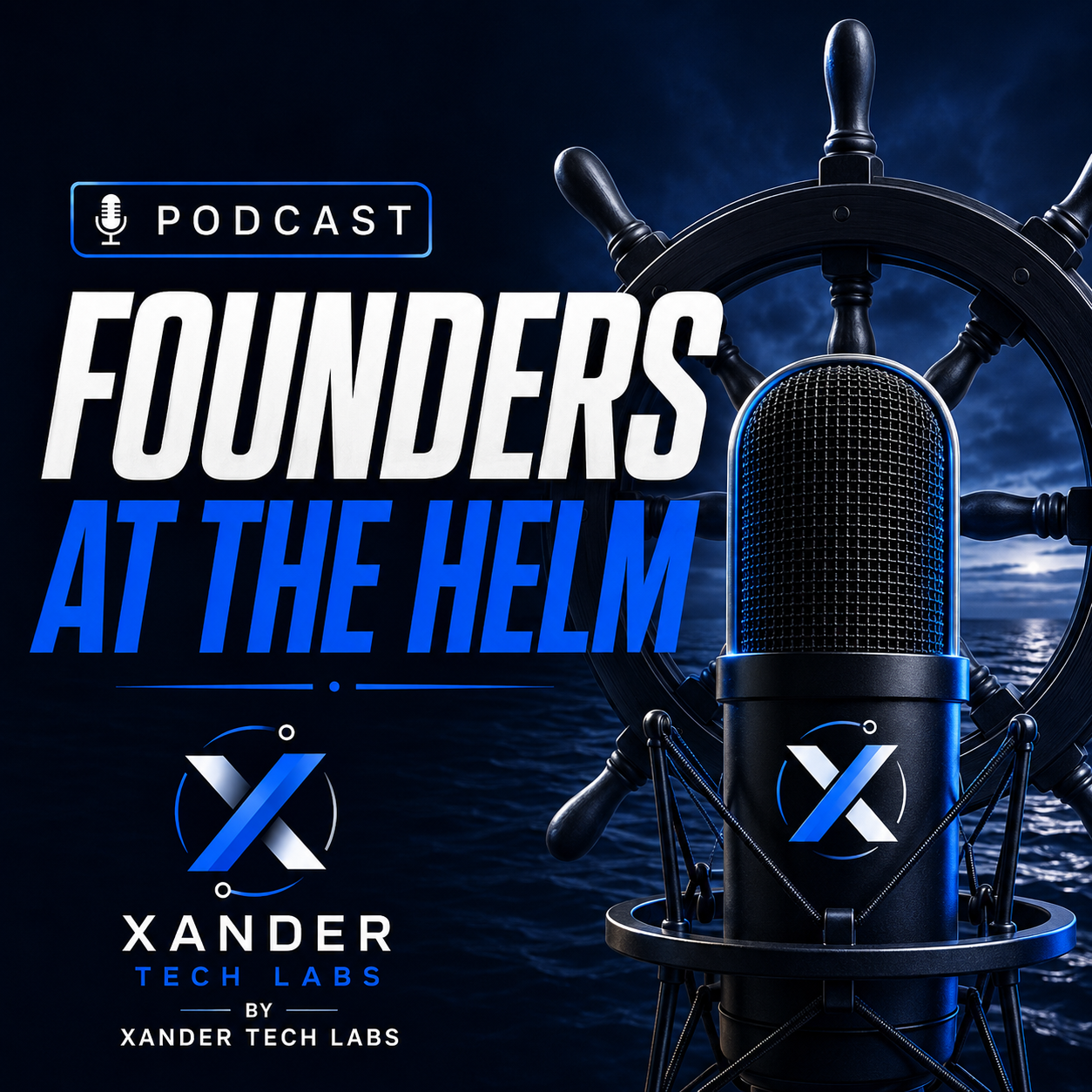 Founders at the Helm podcast cover art, featuring a microphone and ship's wheel
