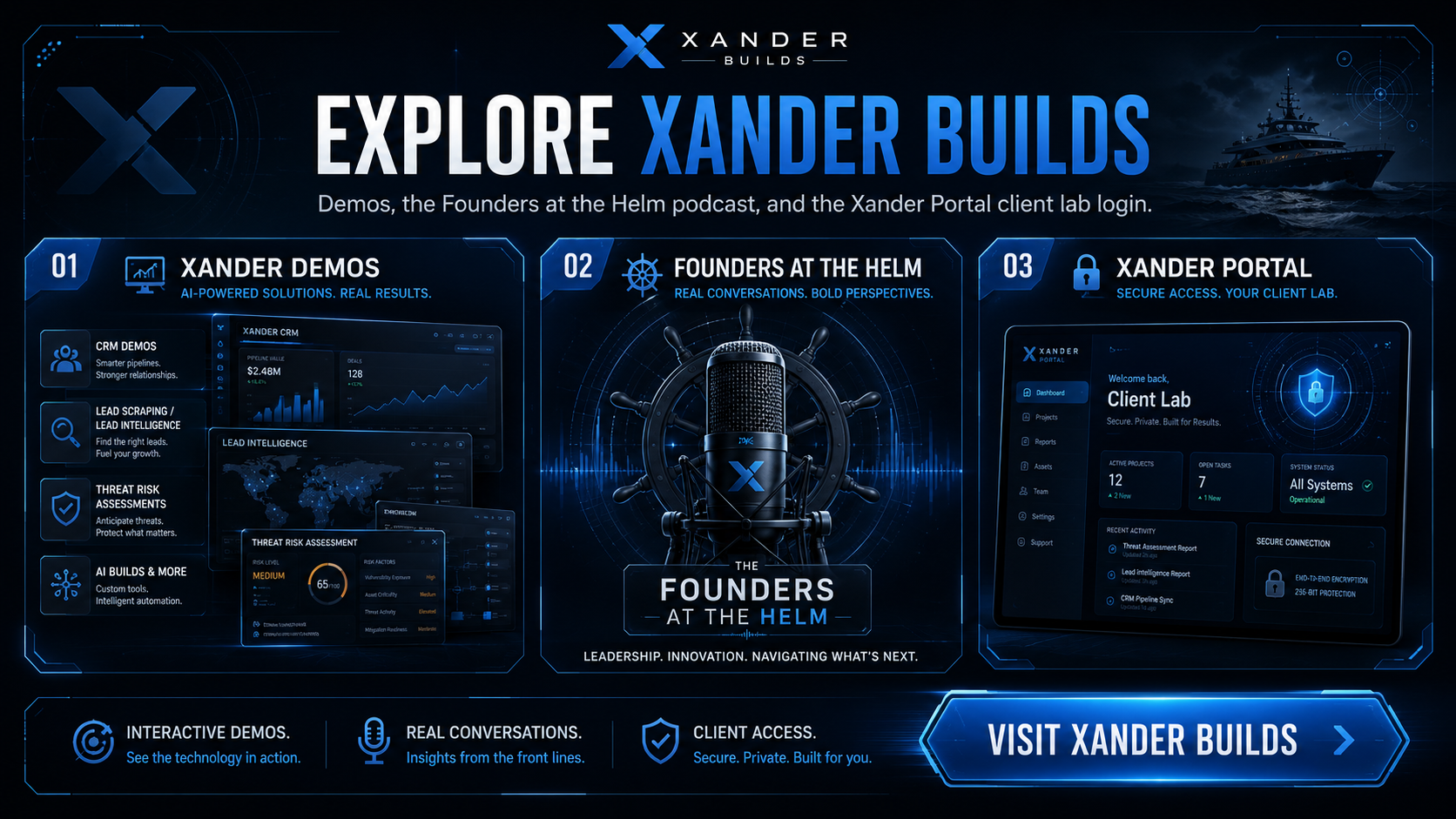 Explore Xander Builds — Demos, the Founders at the Helm podcast, and the Xander Portal client lab login